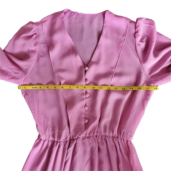 Vintage 80s Pink Semi Sheer Button Front Short Sleeve Bluson Day Dress - Picture 7 of 9